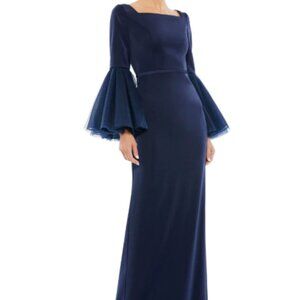 NWOT Ieena Mac Duggal Navy Flounce Sleeve Square Neck Column Gown Size 14 11233